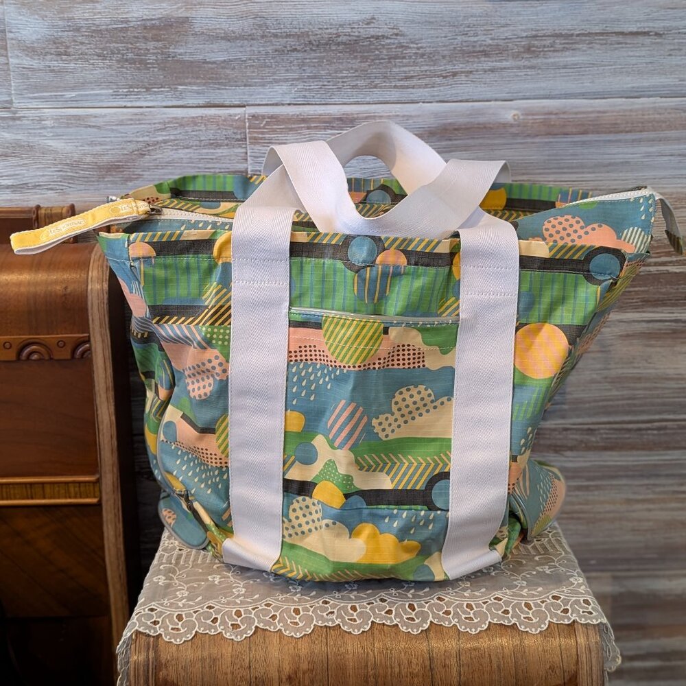 Vintage Lesportsac RAIN CLOUDS Tote HUGE! Coated Fabric Boat Beach